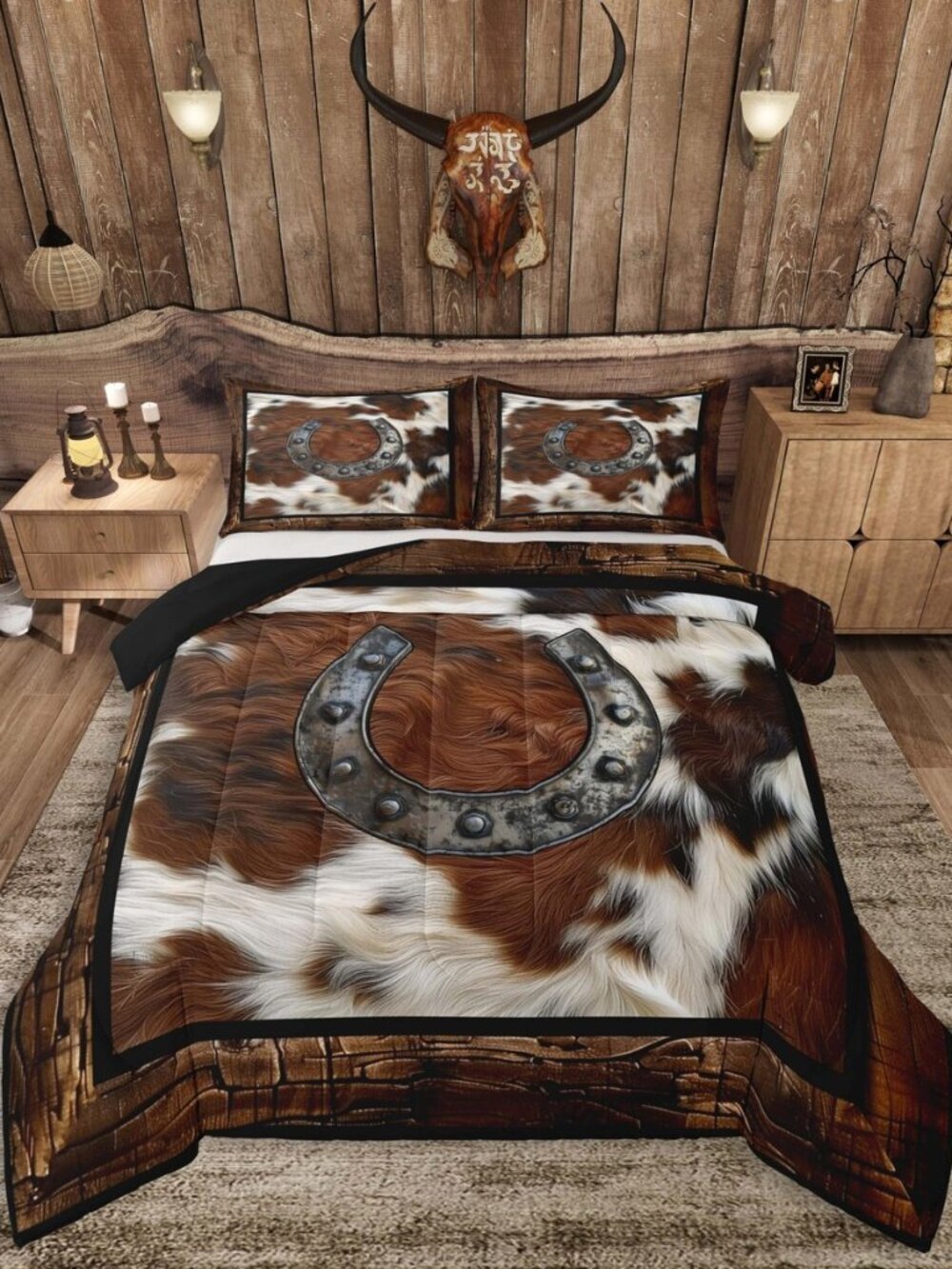 Western Aztec Duvet Quilt Queen Size Cow Fur Printed Comforter Set